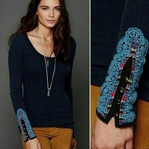 Free People Navy Long Sleeve Top with Turquoise Lace Trim